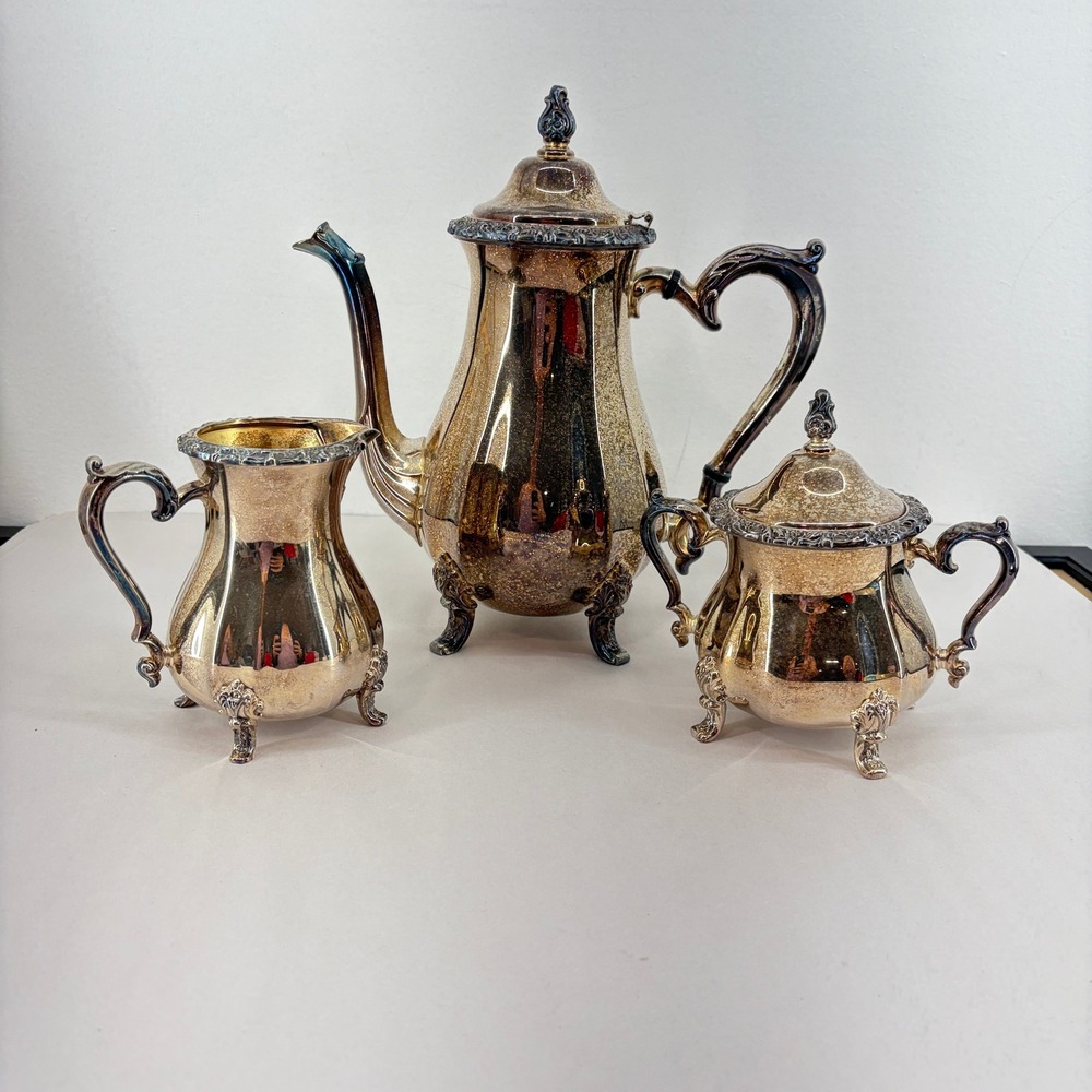 International Silver Co Silver Plated 3pc Tea Set Teapot Sugar‎ Creamer Footed